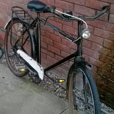 Black roadster with a white chainguard, a rear carrier and a headlamp