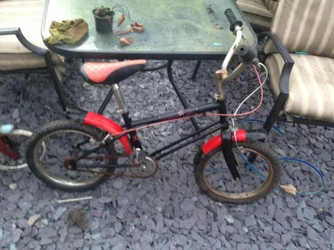 Black Raleigh Boxer BMX-style bike with red mudguards and a red and black saddle