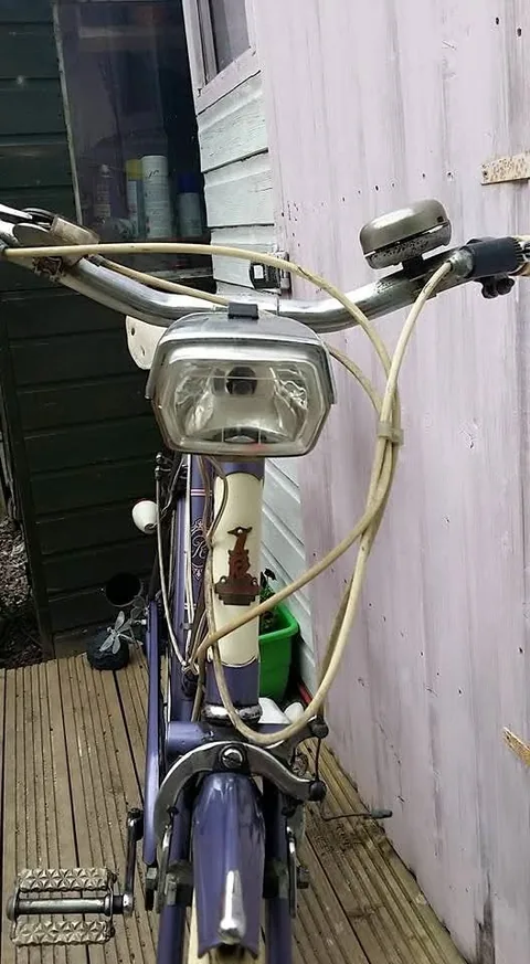 Square headlamp above a cream head tube panel with a Raleigh heron badge