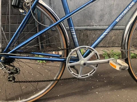 Alloy chainset with a guard ring, a rear derailleur and gumwall tyres
