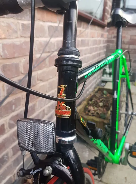 Raleigh heron head badge on a black head tube, above a front reflector
