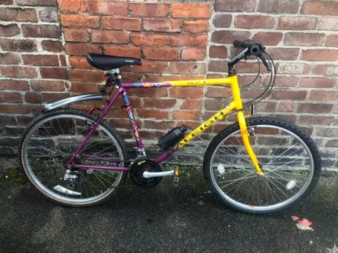Yellow and purple Raleigh mountain bike with a rear mudguard and a bottle