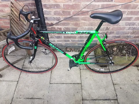 Green and black Raleigh Pro Race road bike with red-wall tyres