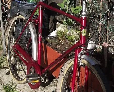 Close view of a red frame with chrome mudguards and a round badge on the head tube