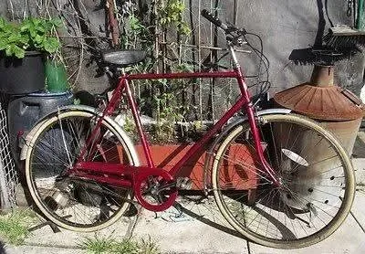 Red gents' bicycle with chrome mudguards and cream tyres, in front of planters
