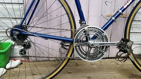 Triple chainset with Raleigh on the crank arm, and the rear derailleur